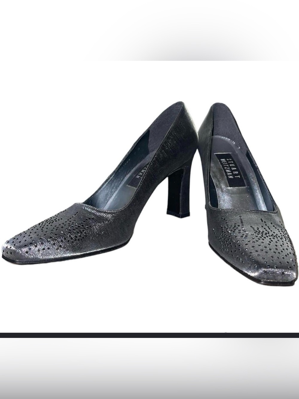 Stuart Weitzman 90’s Glam Gray Embellished Pointed-Toe Square Heel Pumps 8.5